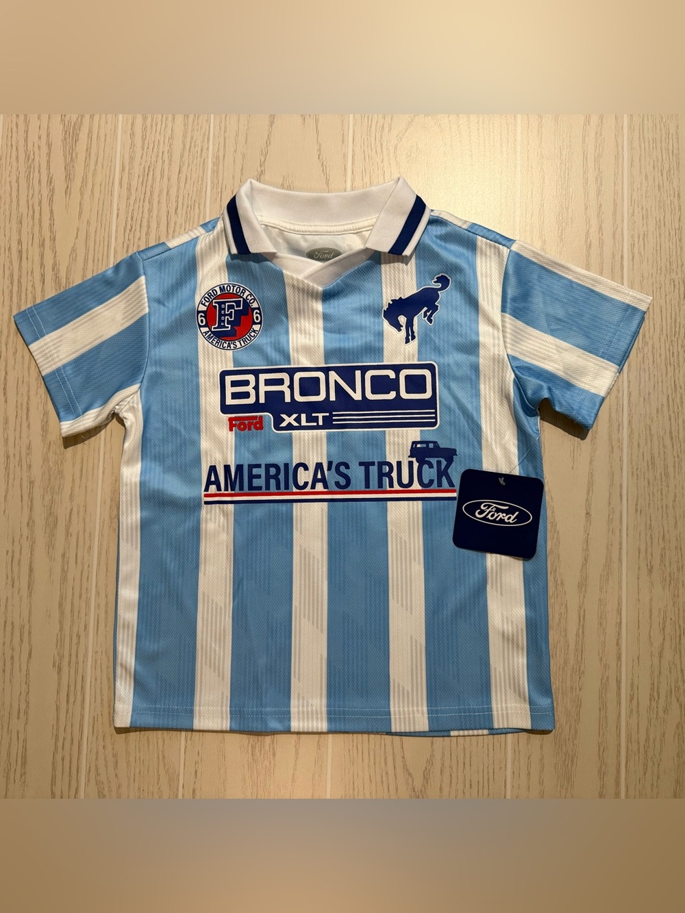 Ford Bronco XLT Boys 6/7 Blue Striped Racing Polo Shirt NWT